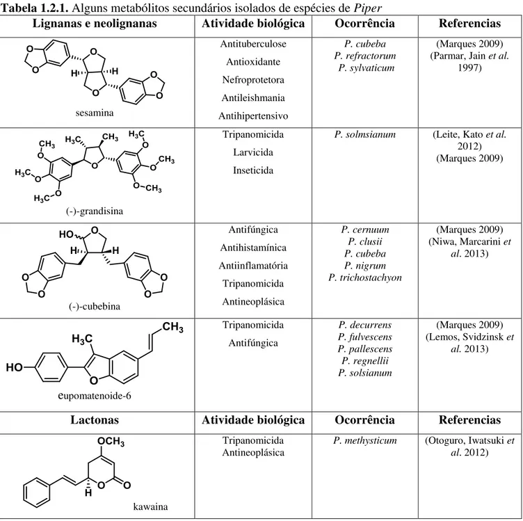 Tabela 1.2.1. Alguns metabólitos secundários isolados de espécies de Piper 
