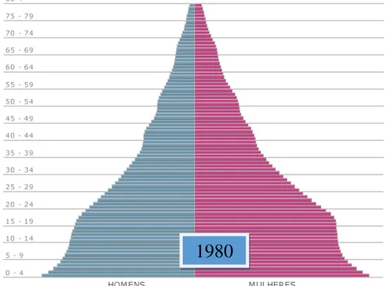 Figura 1. Evolução e projeção da pirâmide etária brasileira   de 1980 a 2050 