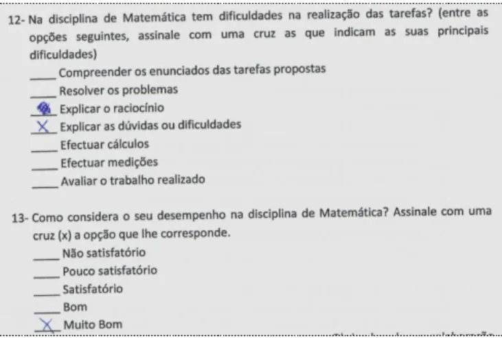 Figura 7- Resposta à questão 12 e 13 do questionário (Isabel) 
