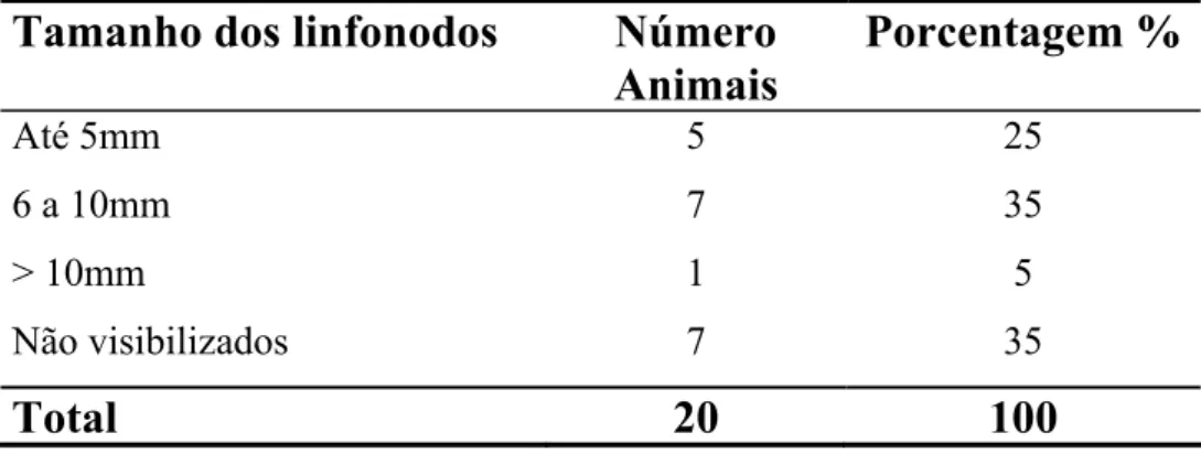 Tabela 9 - Visibilização de linfonodos axilares ao exame tomográfico de 20 animais  portadores de neoplasias mamárias malignas