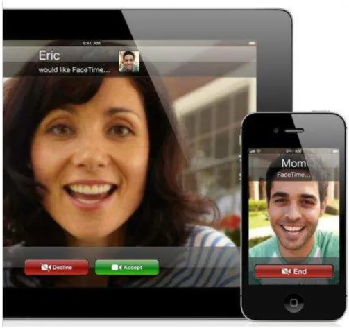 Figura  2  –  Ilustração  fotográfica  mostrando  videoconferência  pelo  aplicativo  Face  Time TM   entre  um  iPhone 4 TM  e um iPad 2 TM