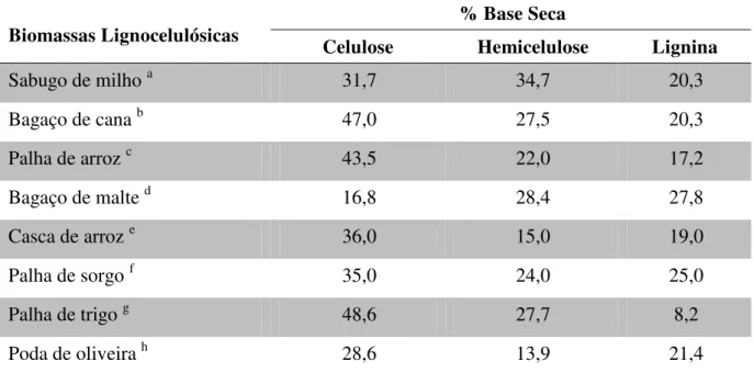 Tabela  2.1  -  Composição  química  parcial  de  diferentes  biomassas  lignocelulósicas  provenientes de unidades de produção agrícola 