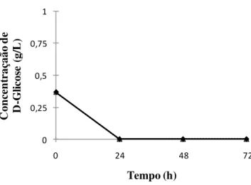 Figura 5.7 - Consumo de D-glicose pelas leveduras I. occidentalis  (♦) e  I. orientalis  (Δ) quando cultivadas em  hidrolisado de bagaço de cana-de-açúcar não concentrado