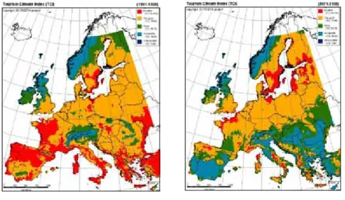 Figure 1. Tourism Climate Index, 1961 -1990 and 2071 and 2100 Year after year, it seems that milder winters and hot summers are  more  frequent