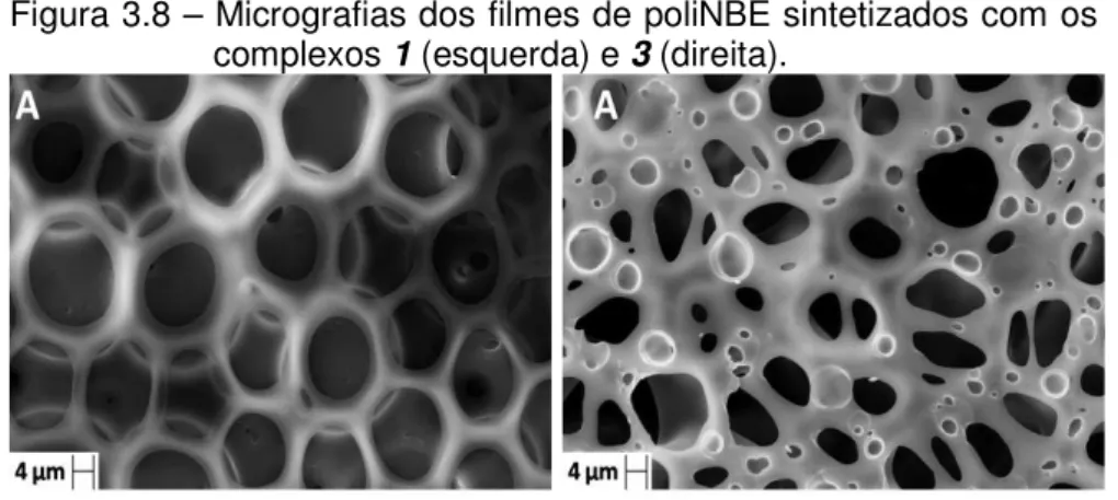 Figura 3.8 – Micrografias dos filmes de poliNBE sintetizados com os  complexos 1 (esquerda) e 3 (direita)