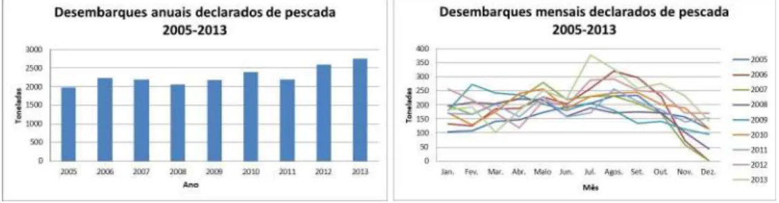 Figura  7  –  Desembarques  mensais  de  pescada  de  2005  a  2013  (Fonte:  (INE-1,  2006;  INE-1,  2007;  INE-1,  2008;  INE-1,  2009;  INE-1,  2010;  INE-2,  2008;  INE-1,  2011;  INE-1,  2012;  INE-1,  2014; INE-2, 2014)