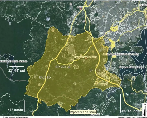 Figura  1.3  –  Área  do  município  de  Itapecerica  da  Serra  estudada  neste  trabalho,  com indicação dos eixos de circulação representados pela Rodovia Regis Bittencourt  (BR-116), Estrada  de Itapecerica  (SP-228) e  pela  Rodovia Bento Roger  Rodri