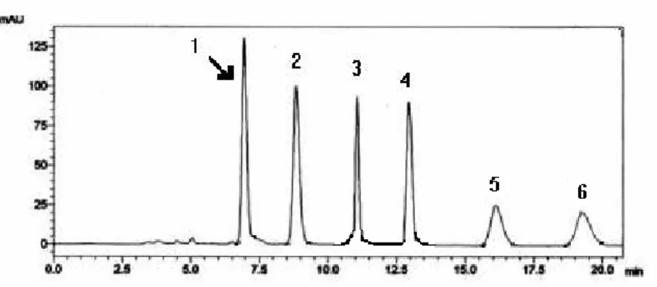 Figura 8 – Cromatograma mostrando a separação dos enantiômeros da OXI (1  e 2), do cloridrato de propranolol (3 e 4) e da DEO (5 e 6) na coluna Chiralpak  AD