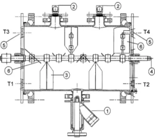 Figura 1.14: Montagem do biorreator com pás misturadoras. (1) Dispositivo de retirada de amostras,  (2)  Borrifadores  de  água,  (3)  Pás  no  formato  de  V,  (4)  Entrada  de  ar,  (5)  Saída  de  ar,  (6)  Pás  retangulares, (T1 e T2) Sensores de tempe
