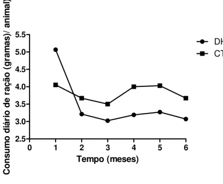 Gráfico  1.  No  eixo  Y  consumo  médio  de  ração  diária  por  animal  por  dia  do  grupo  controle (CT) e grupo com dieta hipercalórica (DH), sendo no eixo X a representação  dos 6 meses do estudo