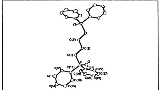 Figura 13: Visao em perpectiva (com os atomos identificados, exceto hidrogenios) da moIecula de 1,4-bis(difenilfosfinoil)butano.