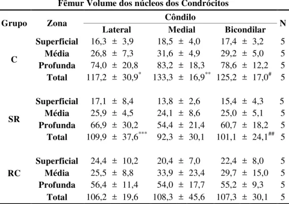 Tabela 10 -Demonstrativo das médias do volume dos núcleos dos condrócitos nas zonas  da  cartilagem  articular  da  epífise  distal  do  fêmur  nos  diferentes  grupos  avaliados, seguidas pelo desvio padrão e significância estatística - São Paulo  –  2012