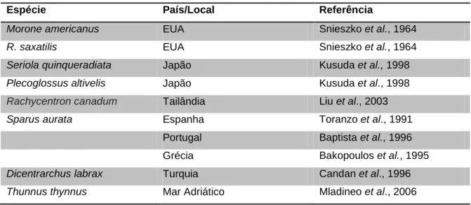 Tabela 1.2 - Algumas espécies de peixes afectadas pela Photobacterium damselae subsp. piscicida