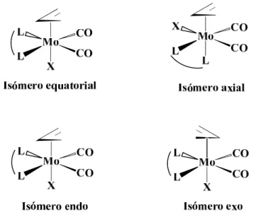Figura 2.1. Isómeros possíveis dos complexos do tipo [MoX(η 3 -C 3 H 5 )(CO) 2 (L- (L-L)]: Isómeros dos ligandos L-L (equatorial e axial); Isómeros equatoriais do grupo alilo 