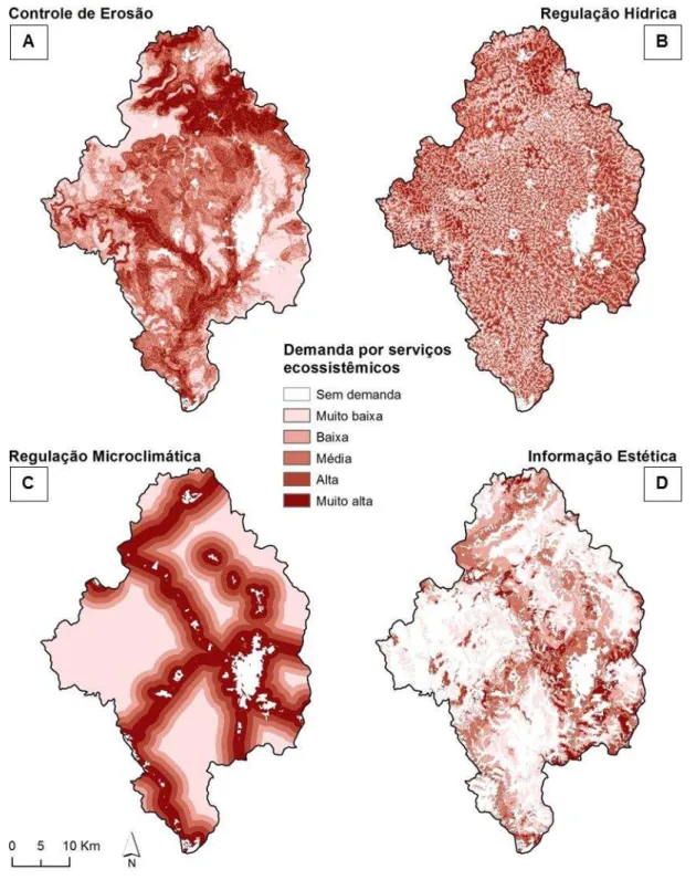 Figura  2.4  –   Distribuição  geográfica  das  demandas  por  serviços  ecossistêmicos  de  controle  de  erosão (A), regulação hídrica (B), regulação microclimática (C) e informação estética  (D) 