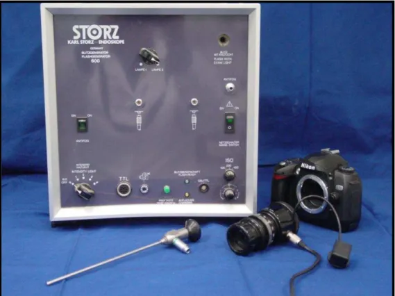 Figura  8  –   Ilustração  do  sistema  de  iluminação  e  flash  TTL  da  Karl-Storz,  câmera  fotográfica Nikon e acoplador para endoscópio utilizados para documentação  fotográfica das dissecções