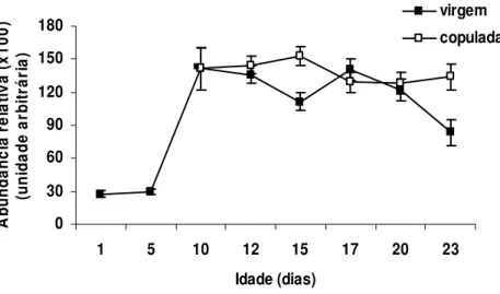 Figura  8  -    Abundância  das  vitelogeninas  de  fêmeas  virgens  e  copuladas  de  Nezara  viridula,  determinada  a  partir  da  análise  do  padrão  protéico  da  hemolinfa  em  7,5%   SDS-PAGE