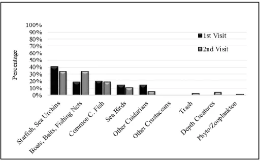 Figure 2.12: Percentage of occurrence in the drawings of the 9 elements presented during the  training in the schools; comparison between the two visits, for schools not submitted to training  session