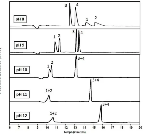 Figura  12.  Eletroferograma  referente  à  análise  enantiosseletiva  da  HZ  (1  e  2)  e  CTZ  (3  e  4)  em  diferentes  pH  da  solução  tampão  borato  de  sódio  50  mmol  L -1 