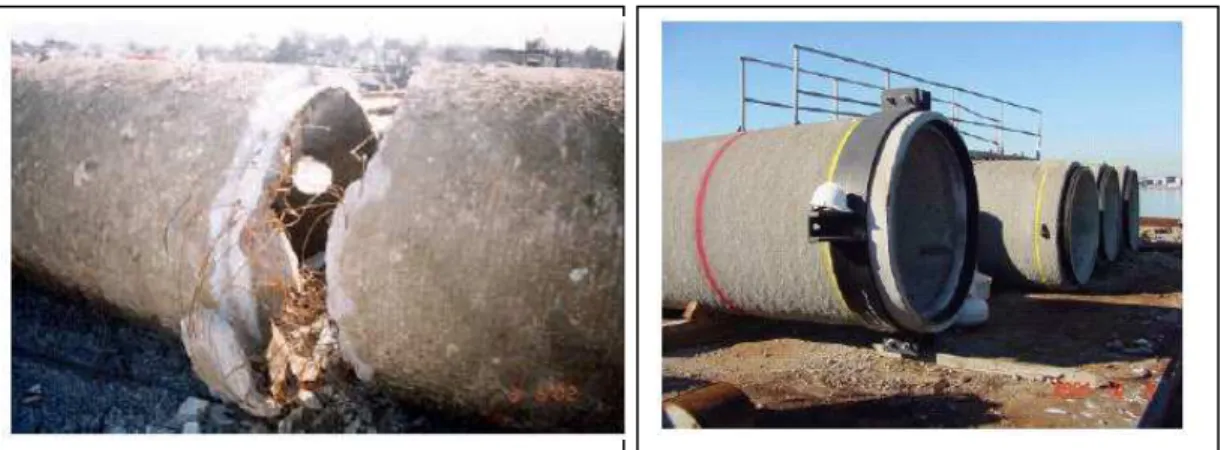 Figura 2.28: Emissário de concreto danificado, e novos tramos com cintas de amarração (KEMP et al,  2002)