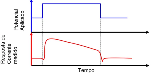 Figura 7. Exemplo de potencial aplicado pela técnica de cronoamperometria e um tipo de a  resposta de corrente obtido
