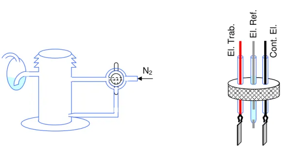Figura 9. Célula eletroquímica com compartimento de 3 eletrodos e entrada de N 2 .  