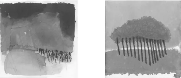 Fig 3 - À esquerda: Rui Carreira, Sem título, 2015. Tinta-da-china e pastel s/ papel, 22.2 x 22.7 cm; 