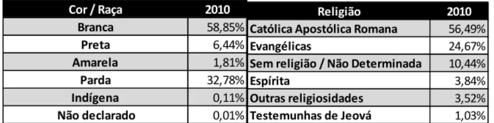Tabela 9. Análise racial e religiosa de São Paulo (Fonte: Adaptado de Instituto Brasileiro de  Geografia e Estatística, 2013b) 
