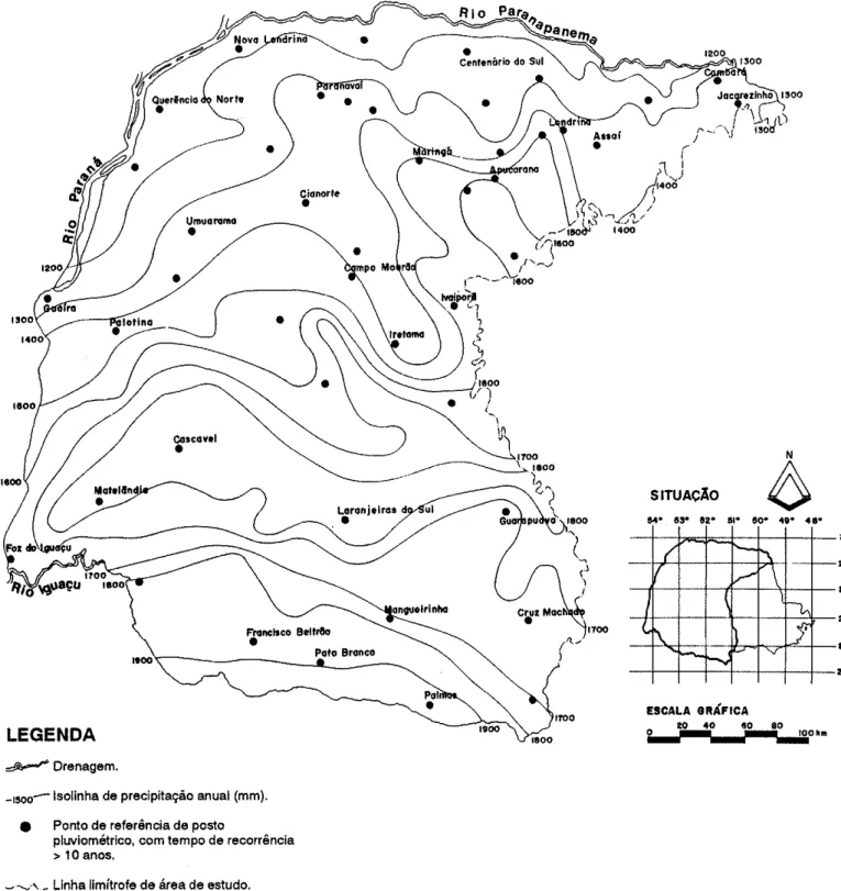 FIGURA  4  -  MAPA  DE  ISOIETAS  MÉDIAS ANUAIS  DA  REGIÁO  DO  TERCEIRO  PLANALTO PARANAENSE (Compllado  a  partlr  das  cartas cllmátlcas  do Estado  do Paraná  -IAPAR,  1978).