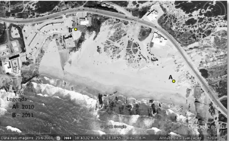 Figura 15 - Localização do registador, na praia da Crismina  A - ano de 2010 (testo 400); B - ano de 2011 (Tinytag plus)  