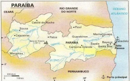 Figura 1- Mapa da Paraíba e localização dos seis municípios prioritários  no controle da tuberculose