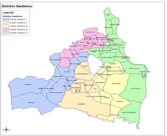 Figura 2  –  Distribuição da área geográfica dos distritos sanitários do município                                                                 de João Pessoa, 2009