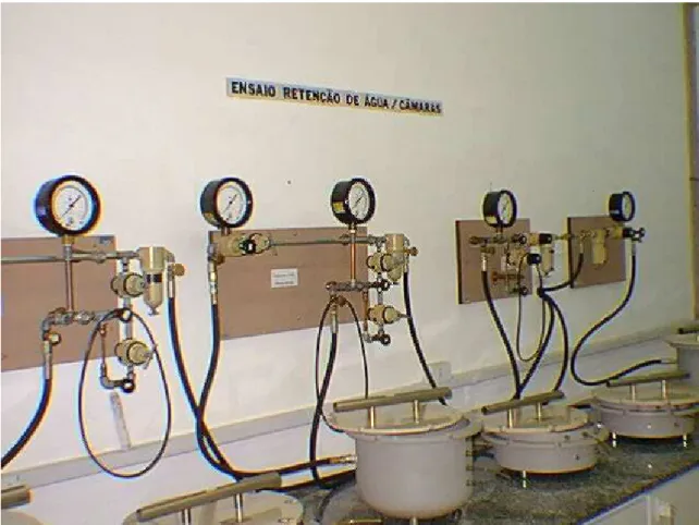 Foto  10  – câmaras de Richards utilizadas na dessaturação de amostras de solo a  tensões superiores a 100cm H 2 O; os modelos de menor tamanho são  dimensionados para suportar pressões maiores 