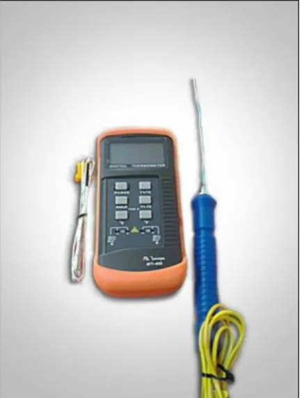 Figura 8 - Termômetro digital Minipa®, termopar de superfície à direita e termopar de  imersão à esquerda.