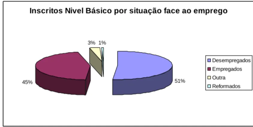 Gráfico n.º 8: Distribuição dos Inscritos Nível Básico da base geral do SIGO por situação face ao emprego, no  período de 1 de Janeiro de 2009 a 31 de Dezembro de 2010 