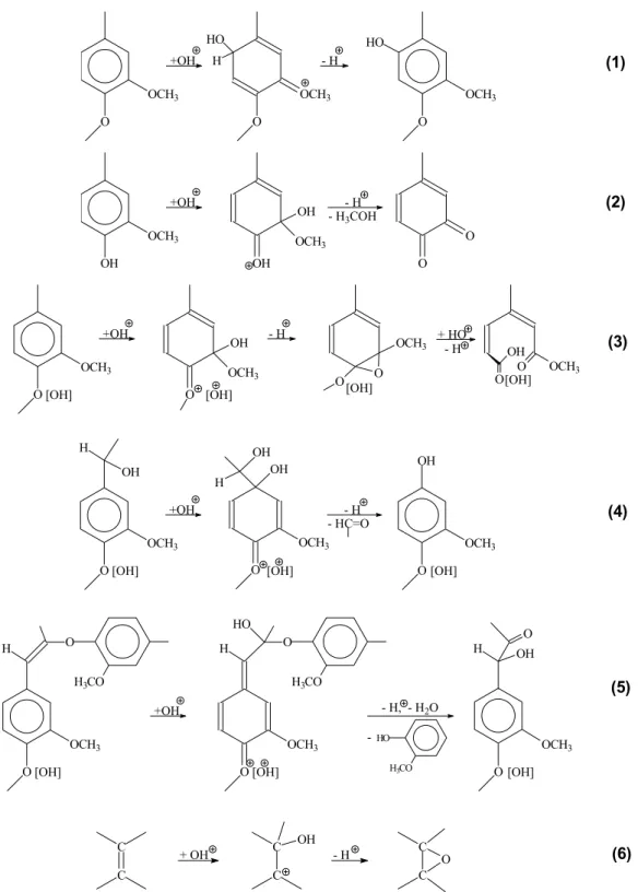 Figura 10-  Principais reações das unidades de lignina com íons hidroxônio (FENGEL; 