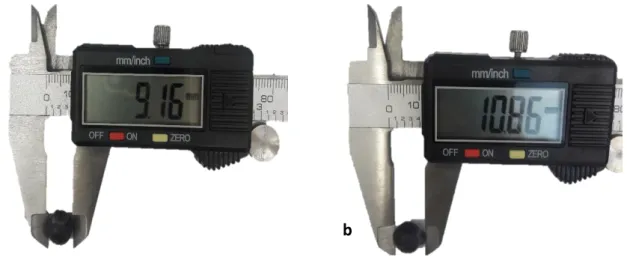 Figura 12 – Representação demonstrativa da medição do diâmetro (a) e altura (b) da baga, com recurso  a um Paquímetro Digital INECO L150 