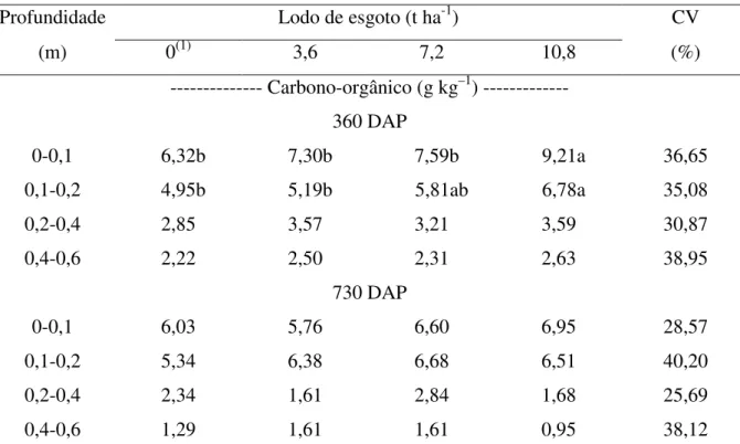 Tabela 4.2 –  Teores de carbono orgânico no solo tratado com lodo de esgoto aos 360 e 730  dias após o plantio (DAP) da cana-de-açúcar
