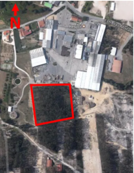 Figura 41 – Vista aérea do local de instalação do sistema de energias renováveis e dos pavilhões da  RESPOL (Google Maps) 