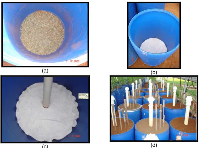 Figura 1 - Etapas da instalação do projeto: preenchimento com brita (a) e colocação da manta Bidim (b), instalação do tubo de acesso para a sonda Diviner (c) e bombonas preenchidas com os diferentes tipos de solo (d)