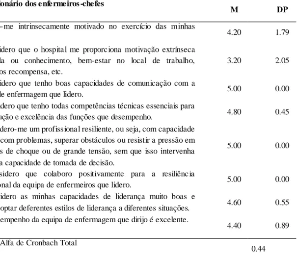 Tabela 1: Análise descritiva do questionário dos enfermeiros-chefes  Questionário dos enfermeiros -chefes 