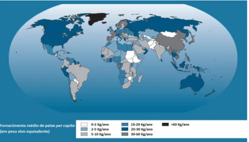 Figura 1.2 - Consumo per capita de pescado no mundo (média de 2008-20010) (adaptado  de FAO, 2014)