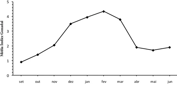 Figura  3.5–  Valores  mensais  médios  do  índice  gonadal  (IG)  (n=20)  da  população  Cerastoderma  edule na Lagoa de Óbidos durante o período de amostragem, setembro de 2016 a junho de 2017