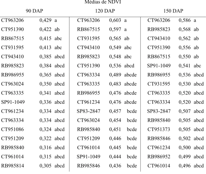 Tabela 1 - Comparação das médias das leituras de NDVI de 28 variedades de cana-de-açúcar aos  90, 120 e 150 DAP 
