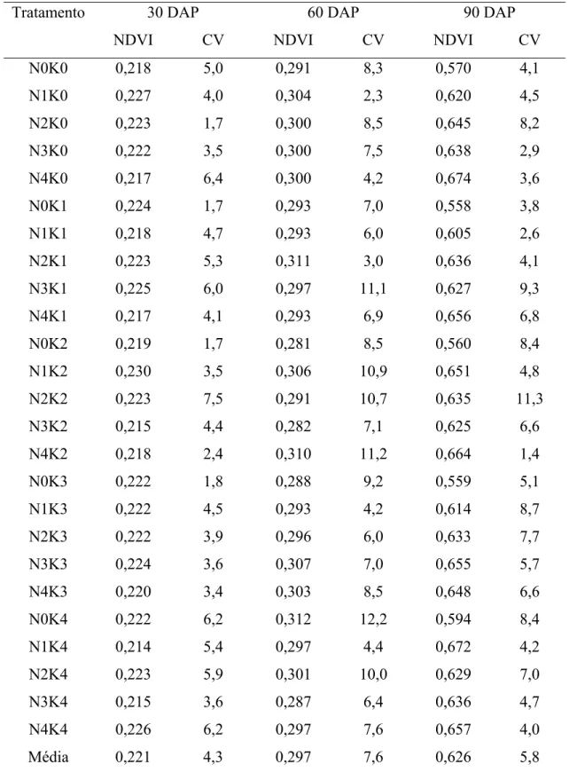 Tabela 2 - Valores médios de NDVI e CV, para os tratamentos com doses de N e K, para a  variedade RB855536 (cana-soca), nas três leituras realizadas 