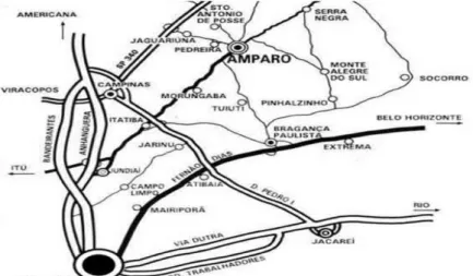 Figura 4.2  –  Localização da malha rodoviária no município de Amparo em relação a capital e  municípios próximos 