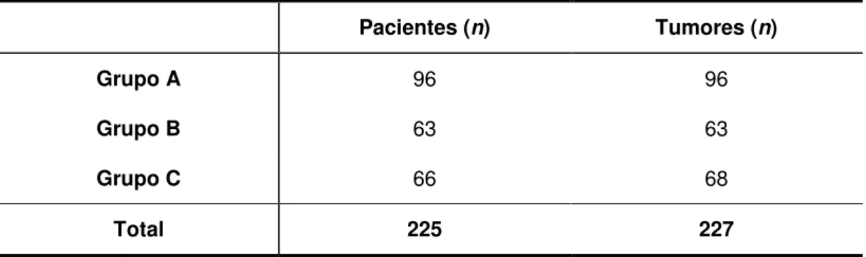 Tabela  4  – Distribuição  dos  pacientes  e  dos  tumores  segundo  diagnóstico  histológico  e  desfecho clínico  Pacientes ( n )  Tumores ( n )  Grupo A  96  96  Grupo B  63  63  Grupo C  66  68  Total  225  227 