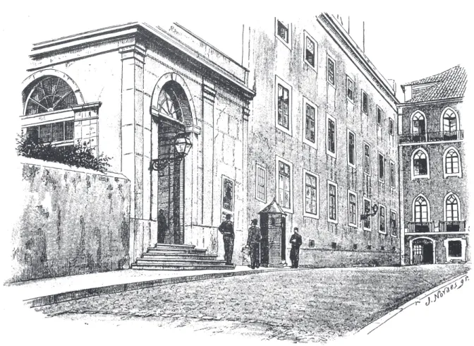 Figura 1 - Edifício do convento de São Francisco onde se instalaram o DLEC, a Academia de Belas-Artes  e a Biblioteca Nacional, segundo uma gravura de J