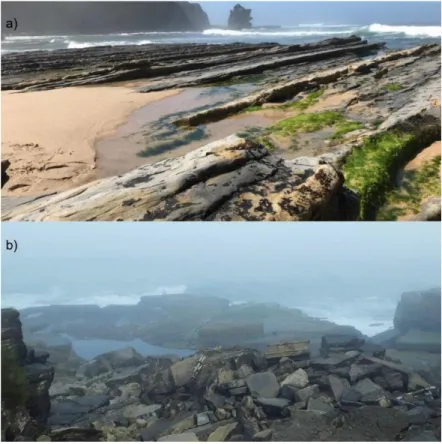 Figure 3: Sea urchins collection stations. a) Abalo’s Beach, the main point of the oil spill; b)  Reference Shore, located 1.5 km away from the rocky shore hit by the oil spill