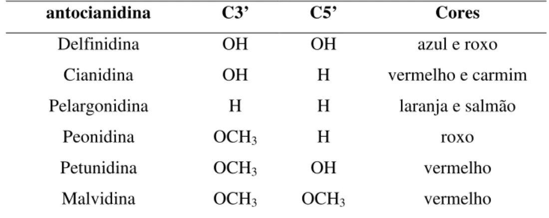 Tabela 1: Estrutura das seis antocianidinas majoritárias encontradas na natureza. Todas  estas antocianidinas possuem grupos OH nas posições C3, C5, C7 e C4’